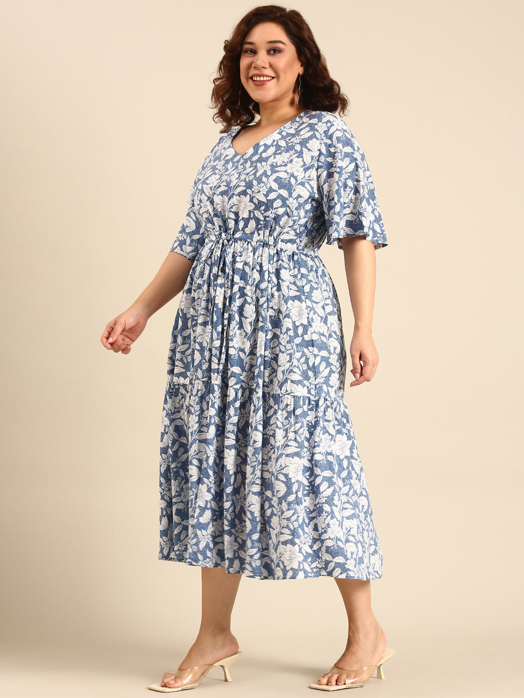 Women Blue Floral Printed Dress with Waist Tie