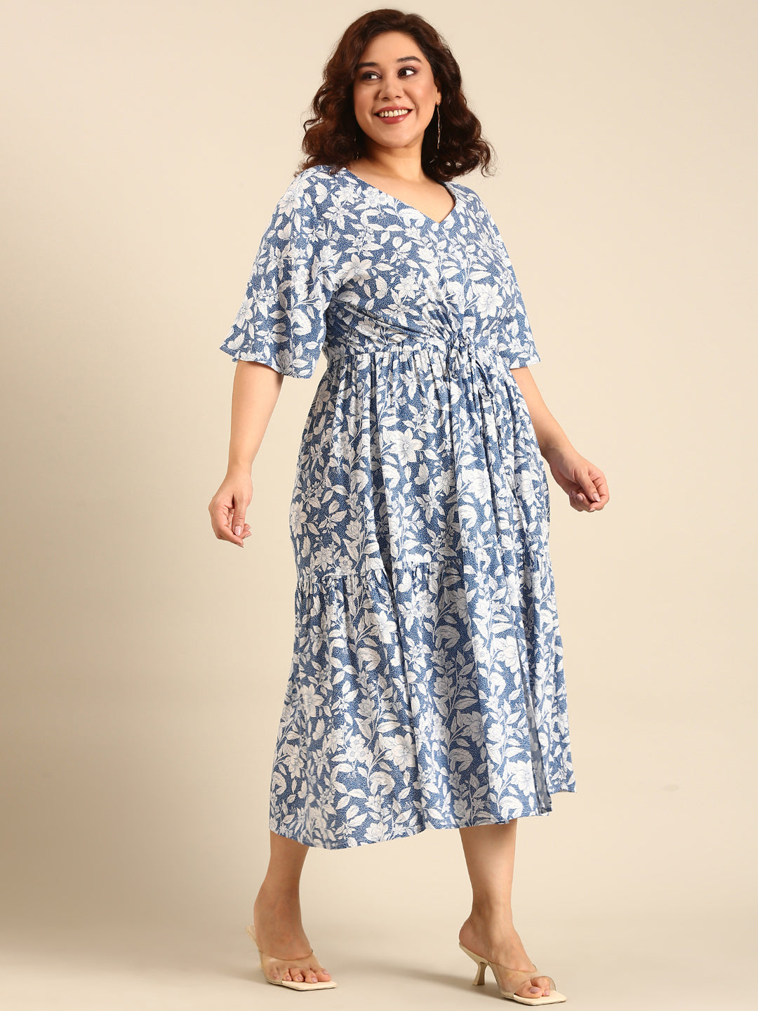 Women Blue Floral Printed Dress with Waist Tie