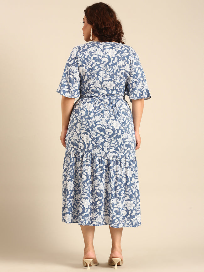 Women Blue Floral Printed Dress with Waist Tie