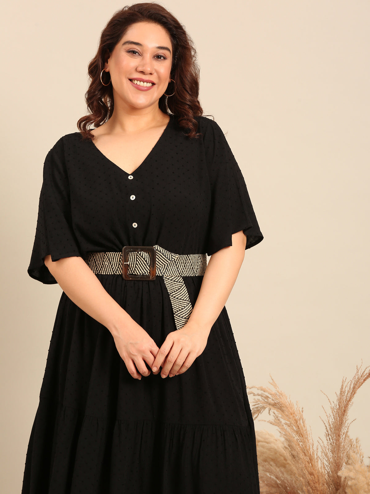 Women Black Dobby Dress with Waist Tie
