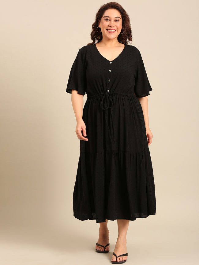 Women Black Dobby Dress with Waist Tie