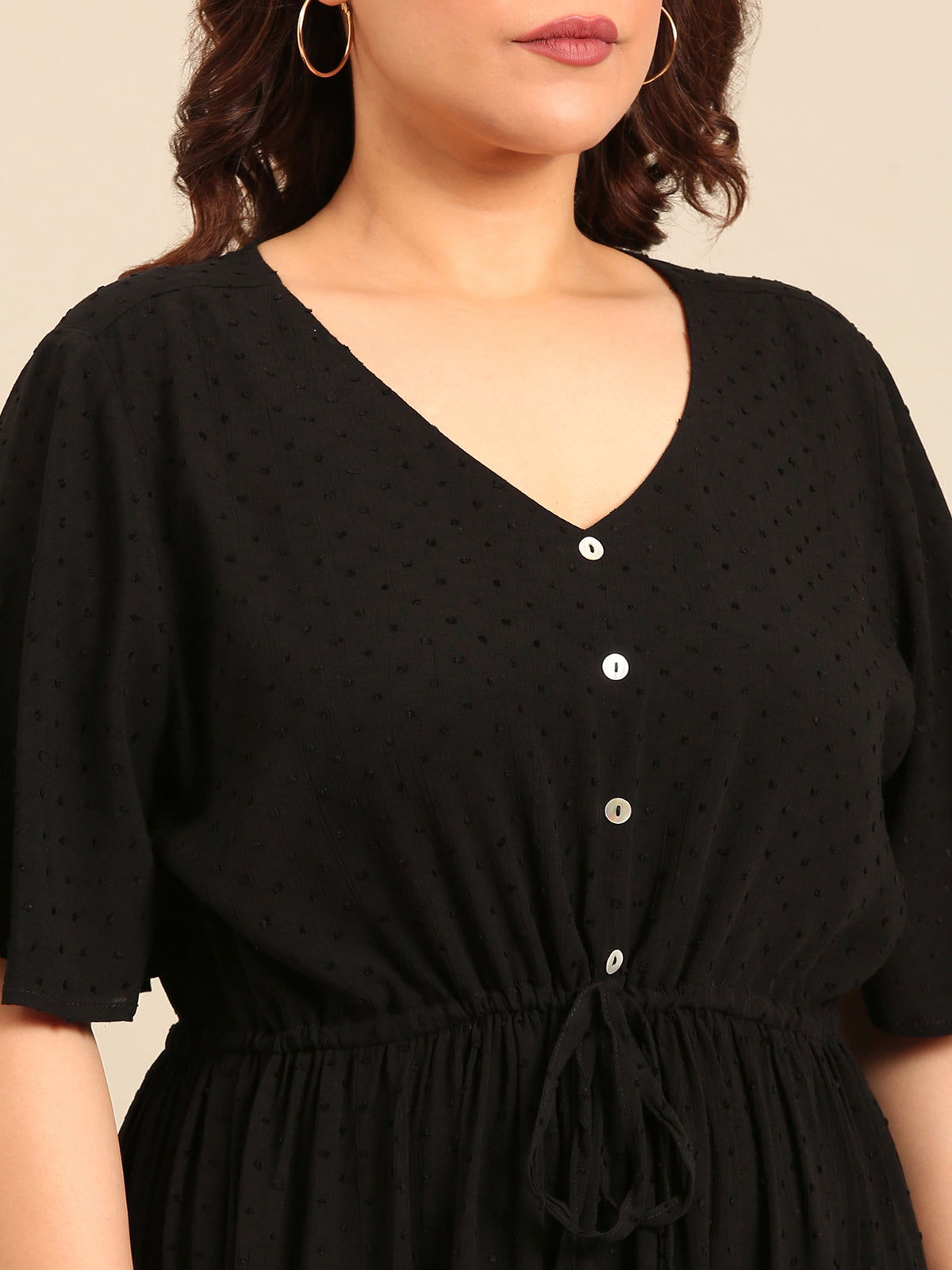 Women Black Dobby Dress with Waist Tie