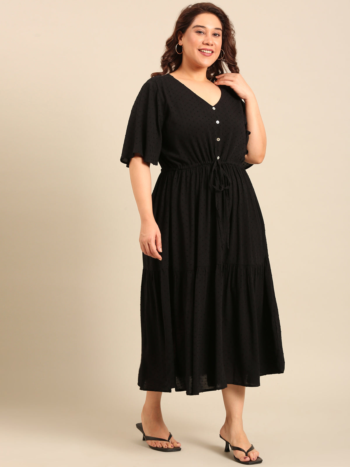 Women Black Dobby Dress with Waist Tie