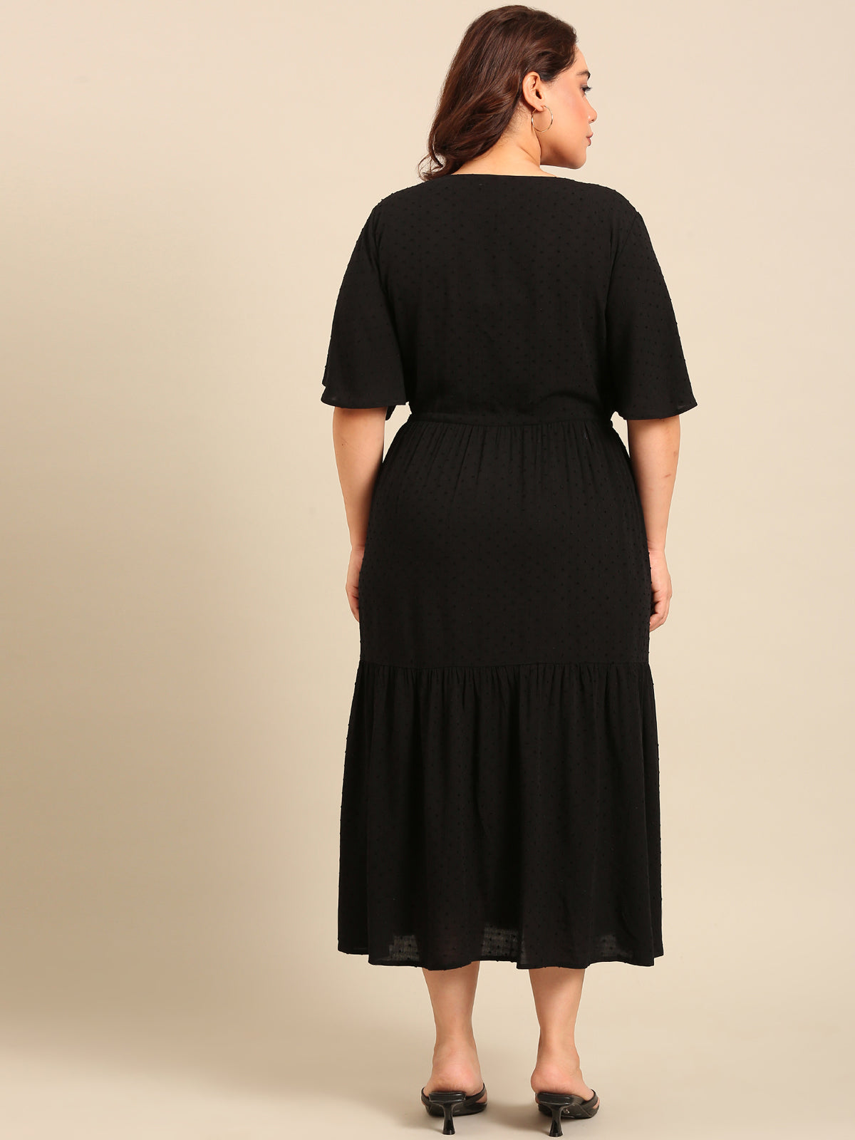 Women Black Dobby Dress with Waist Tie