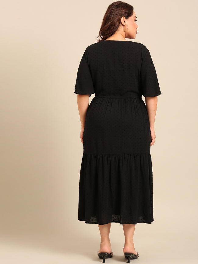 Women Black Dobby Dress with Waist Tie