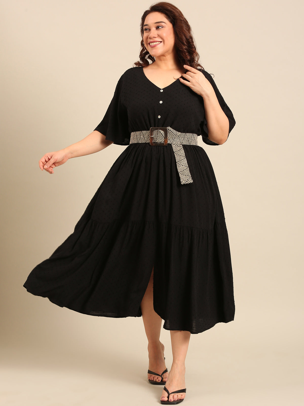 Women Black Dobby Dress with Waist Tie