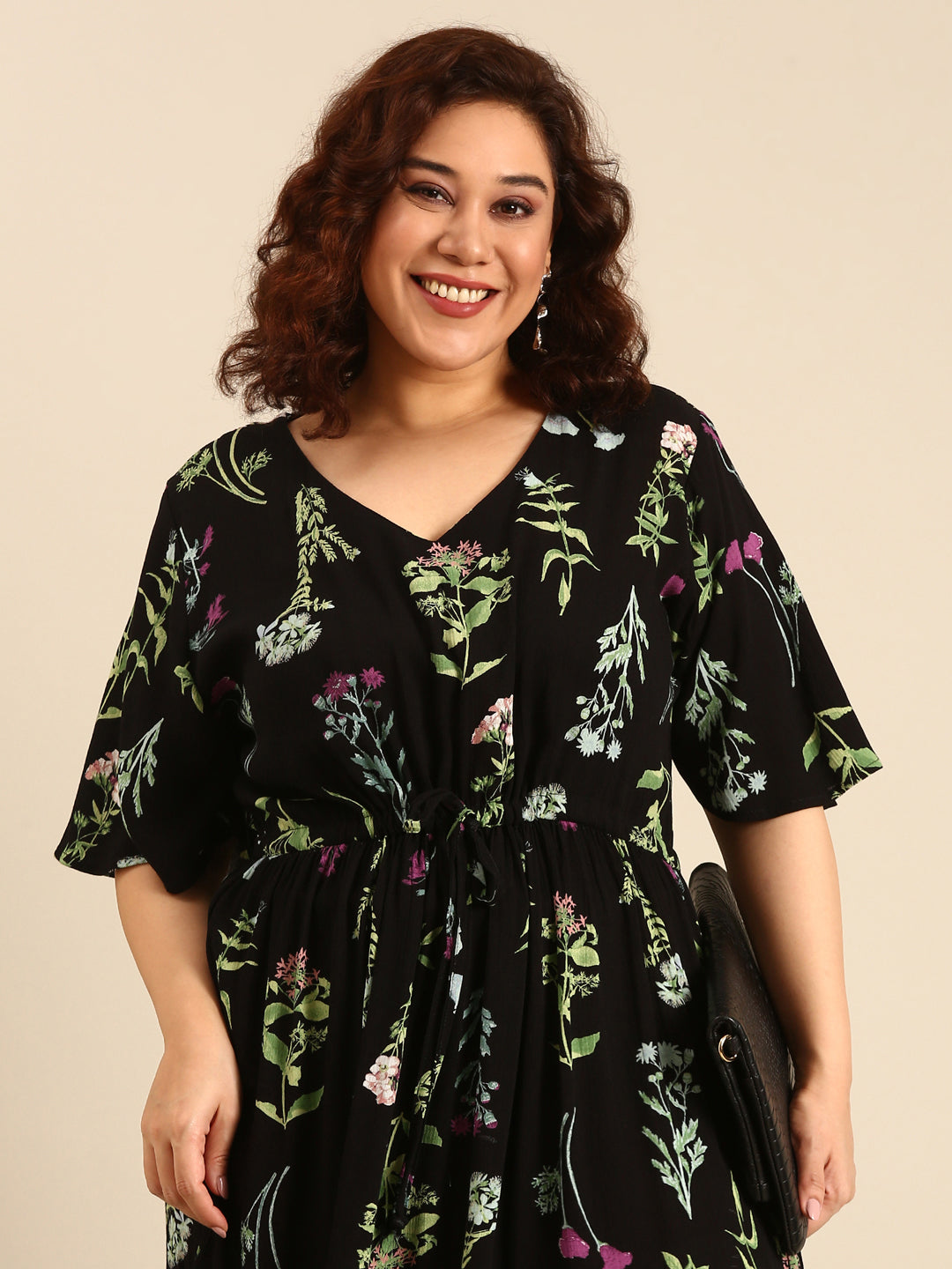 Women Black Botanical Printed Dress with Waist Tie