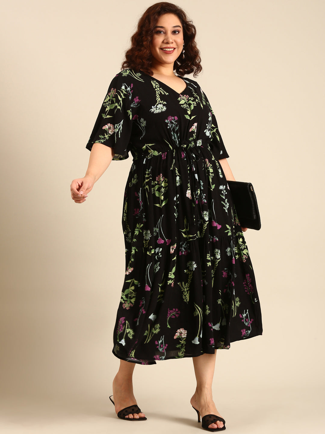 Women Black Botanical Printed Dress with Waist Tie