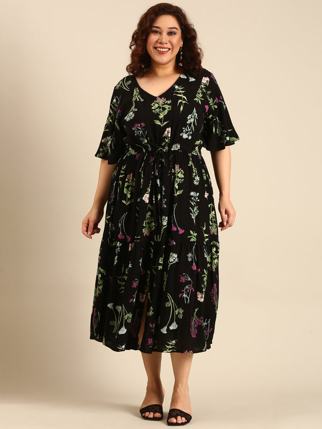 Women Black Botanical Printed Dress with Waist Tie