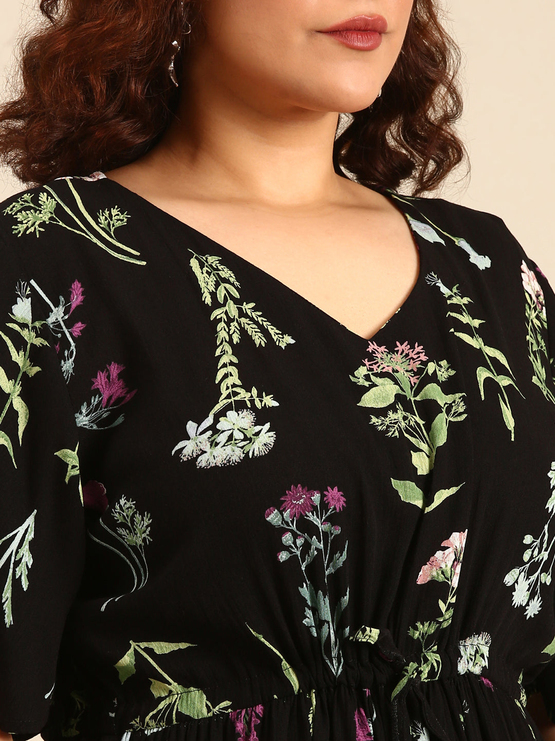 Women Black Botanical Printed Dress with Waist Tie