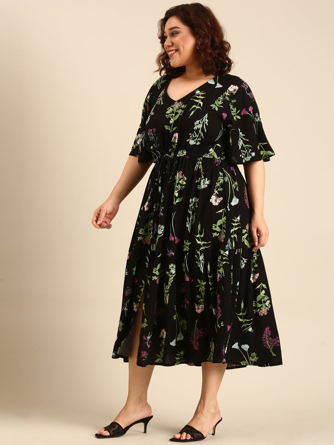 Women Black Botanical Printed Dress with Waist Tie