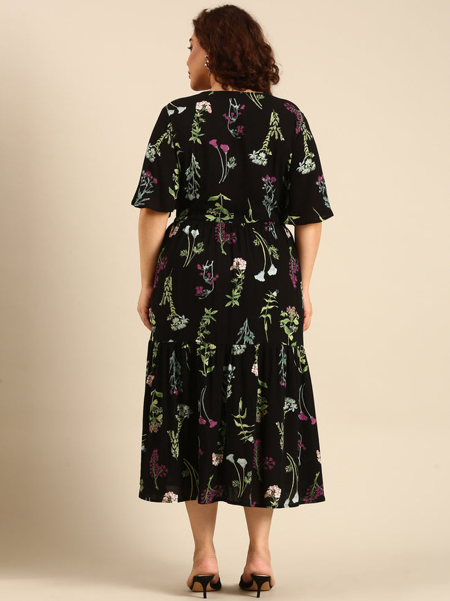 Women Black Botanical Printed Dress with Waist Tie