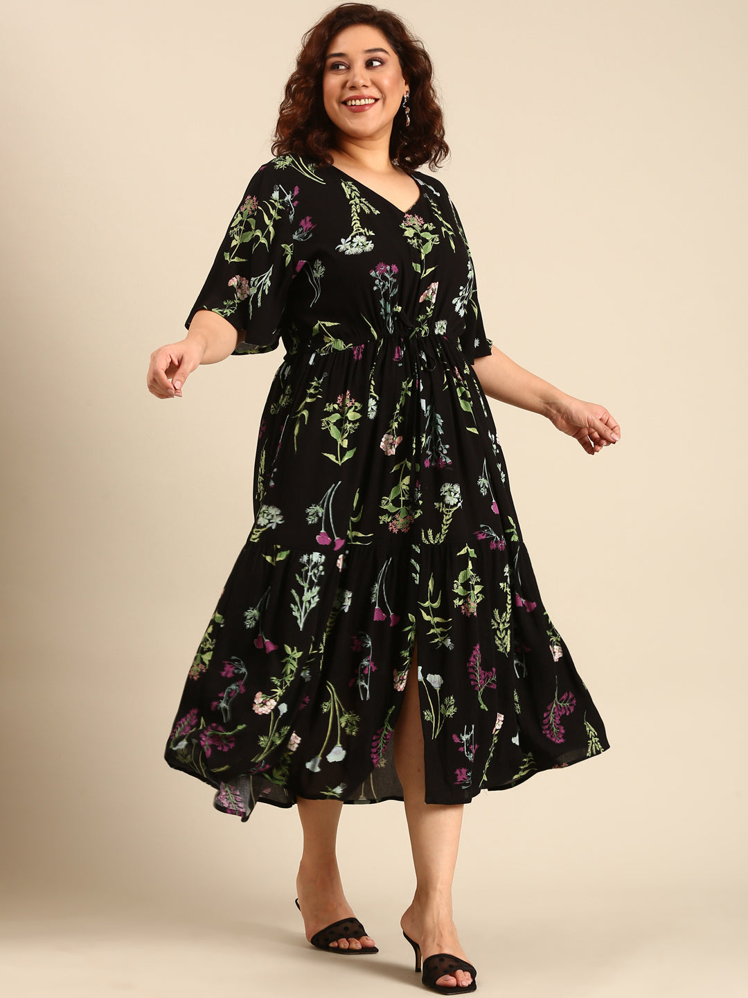 Women Black Botanical Printed Dress with Waist Tie