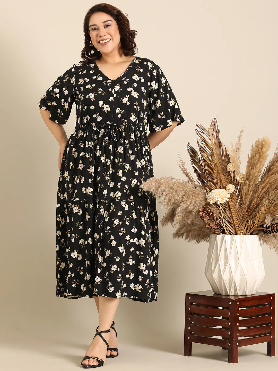Women Black Floral Printed Dress