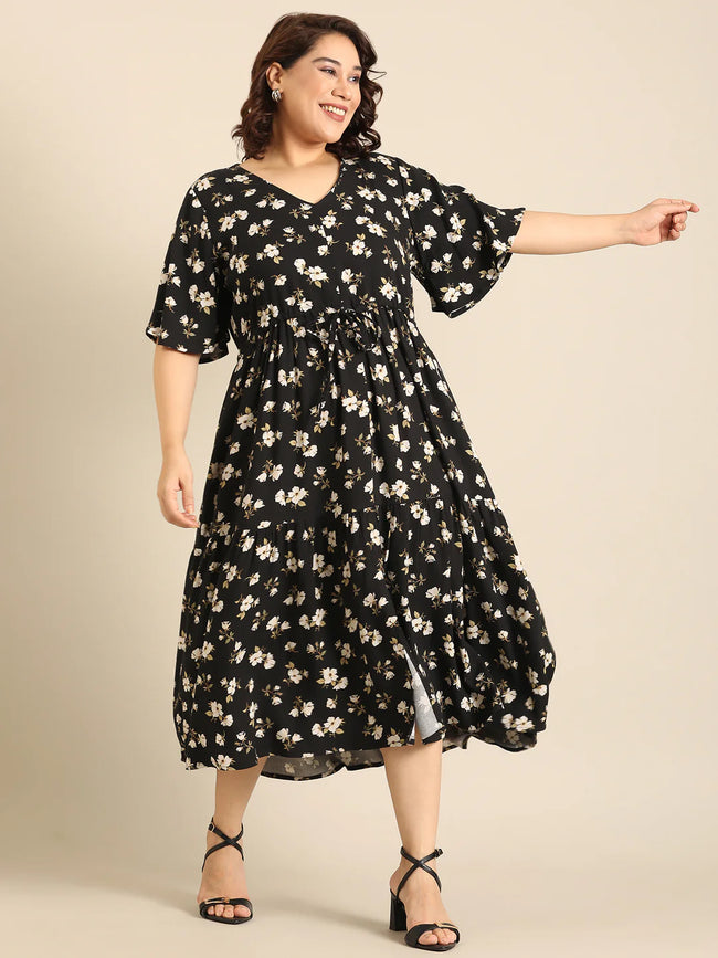 Women Black Floral Printed Dress
