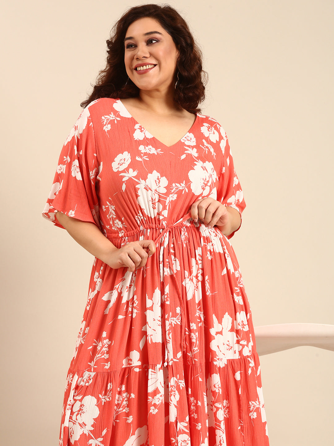 Women Boho Orange Floral Printed Dress with Waist Tie