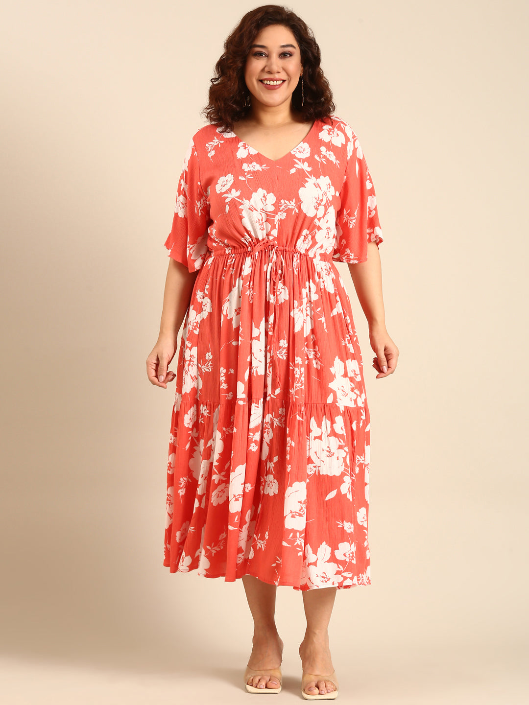 Women Boho Orange Floral Printed Dress with Waist Tie