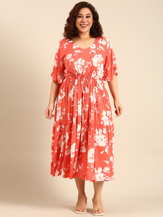 Women Boho Orange Floral Printed Dress with Waist Tie