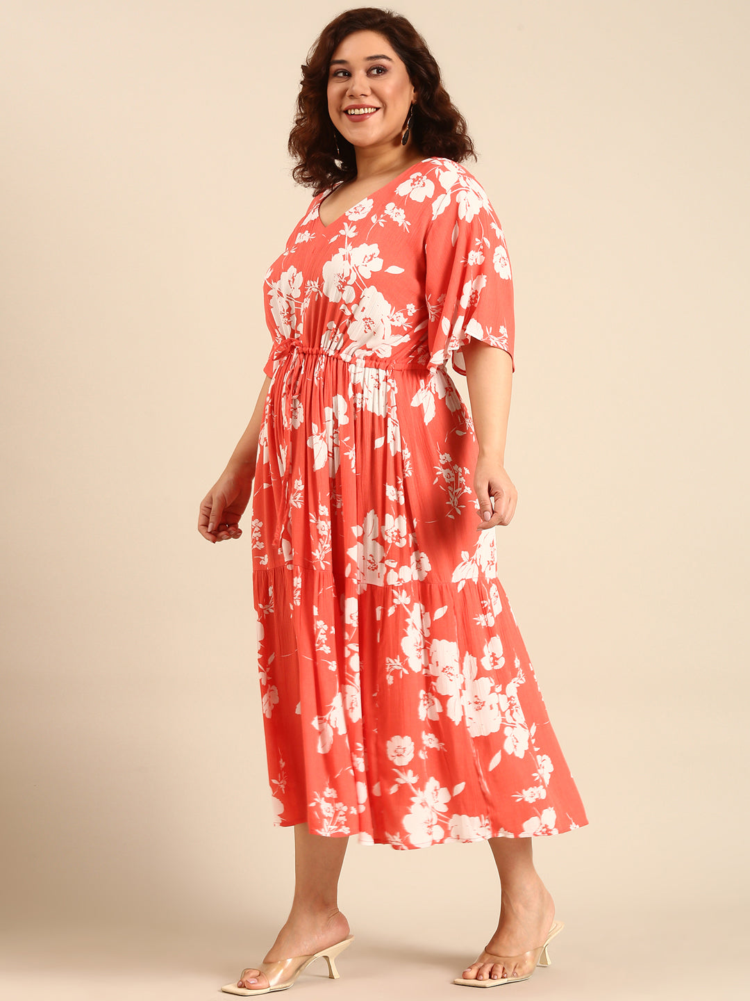 Women Boho Orange Floral Printed Dress with Waist Tie