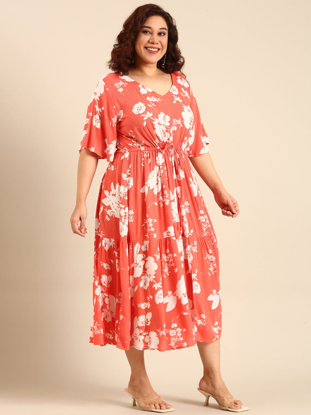 Women Boho Orange Floral Printed Dress with Waist Tie
