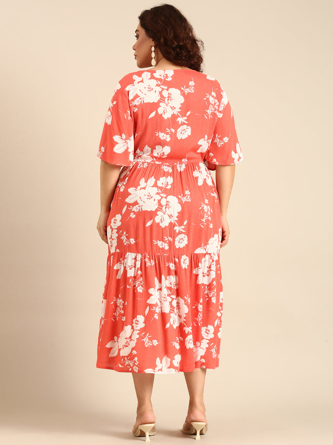 Women Boho Orange Floral Printed Dress with Waist Tie