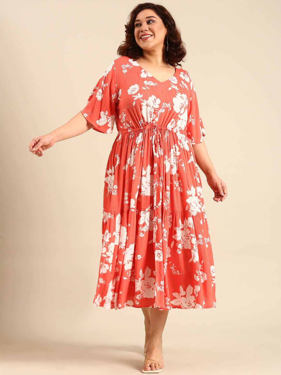 Women Boho Orange Floral Printed Dress with Waist Tie