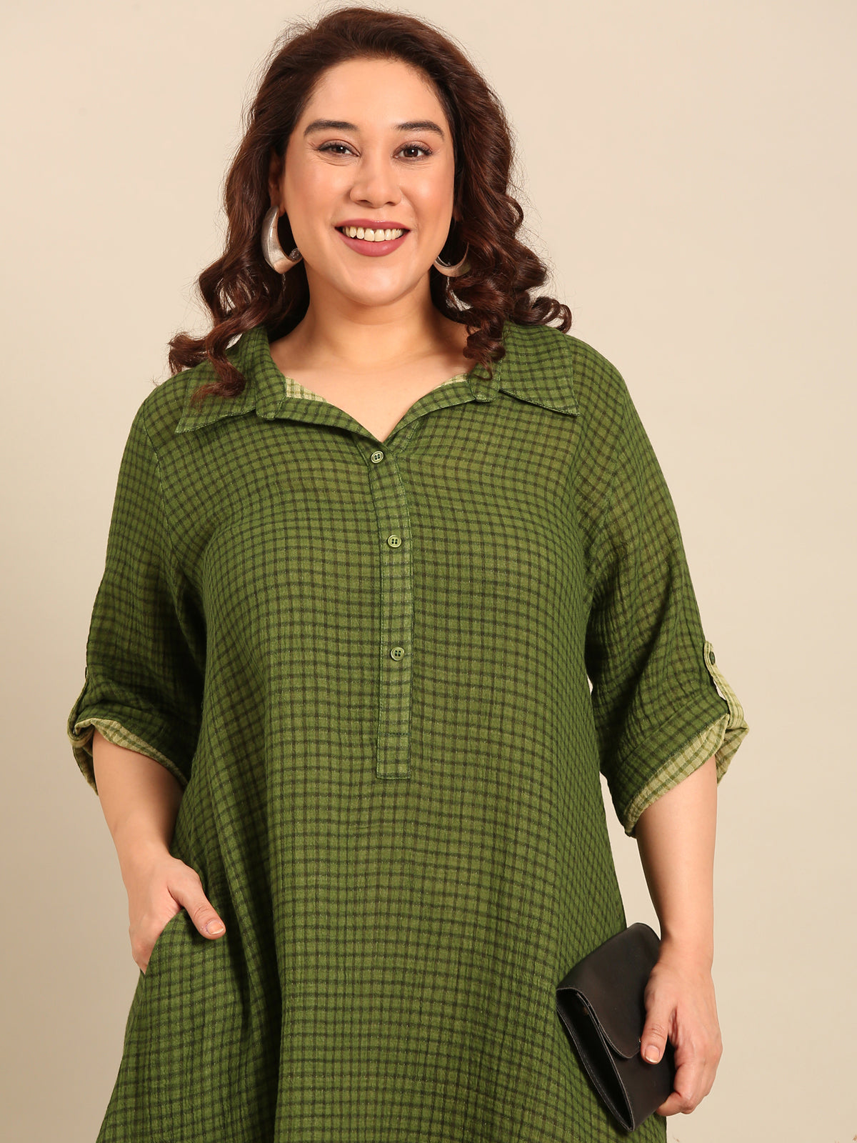Women Green Check Cotton A-Line Shirt Dress
