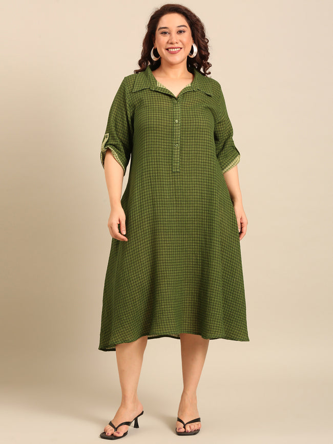 Women Green Check Cotton A-Line Shirt Dress
