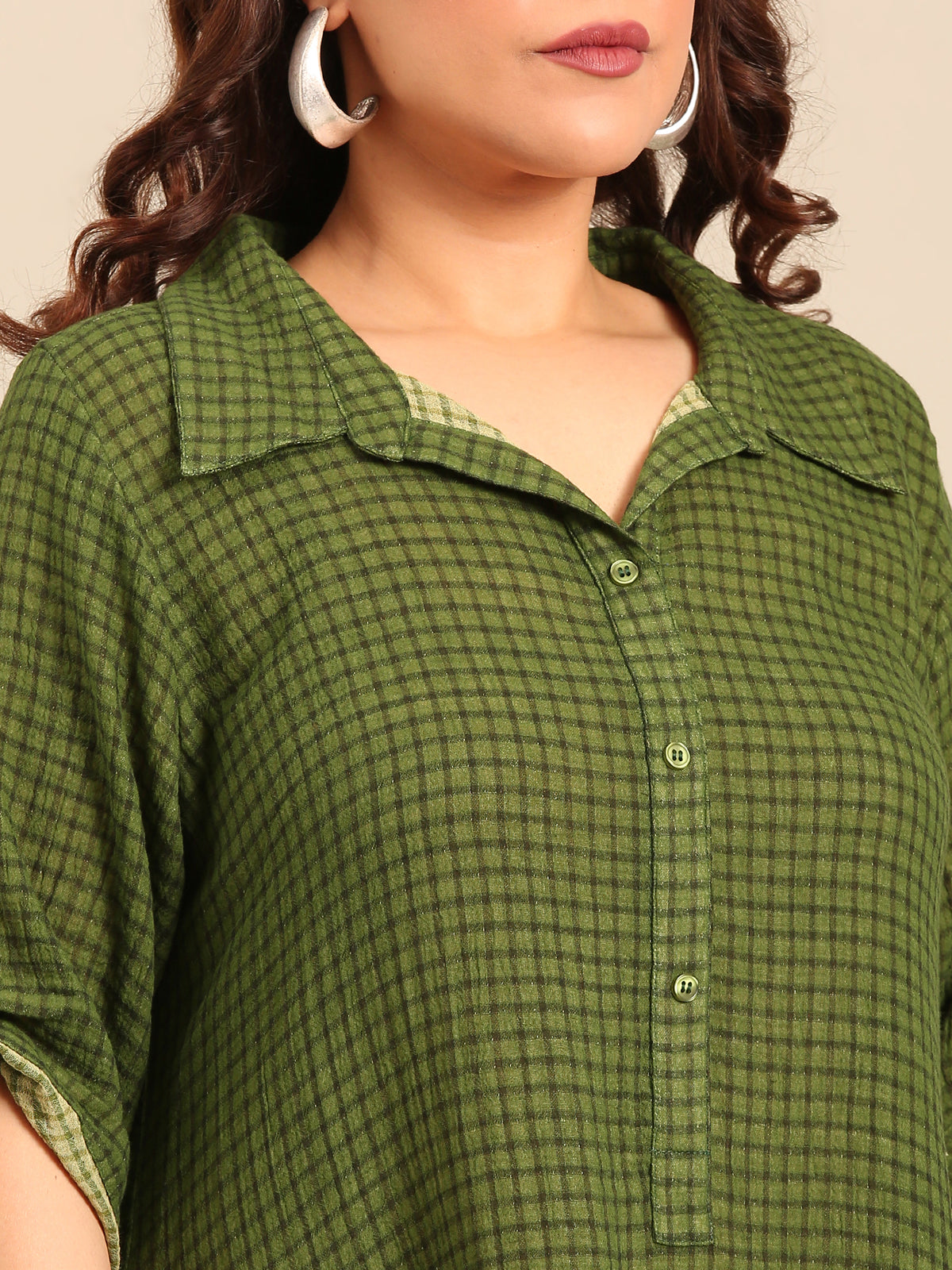 Women Green Check Cotton A-Line Shirt Dress