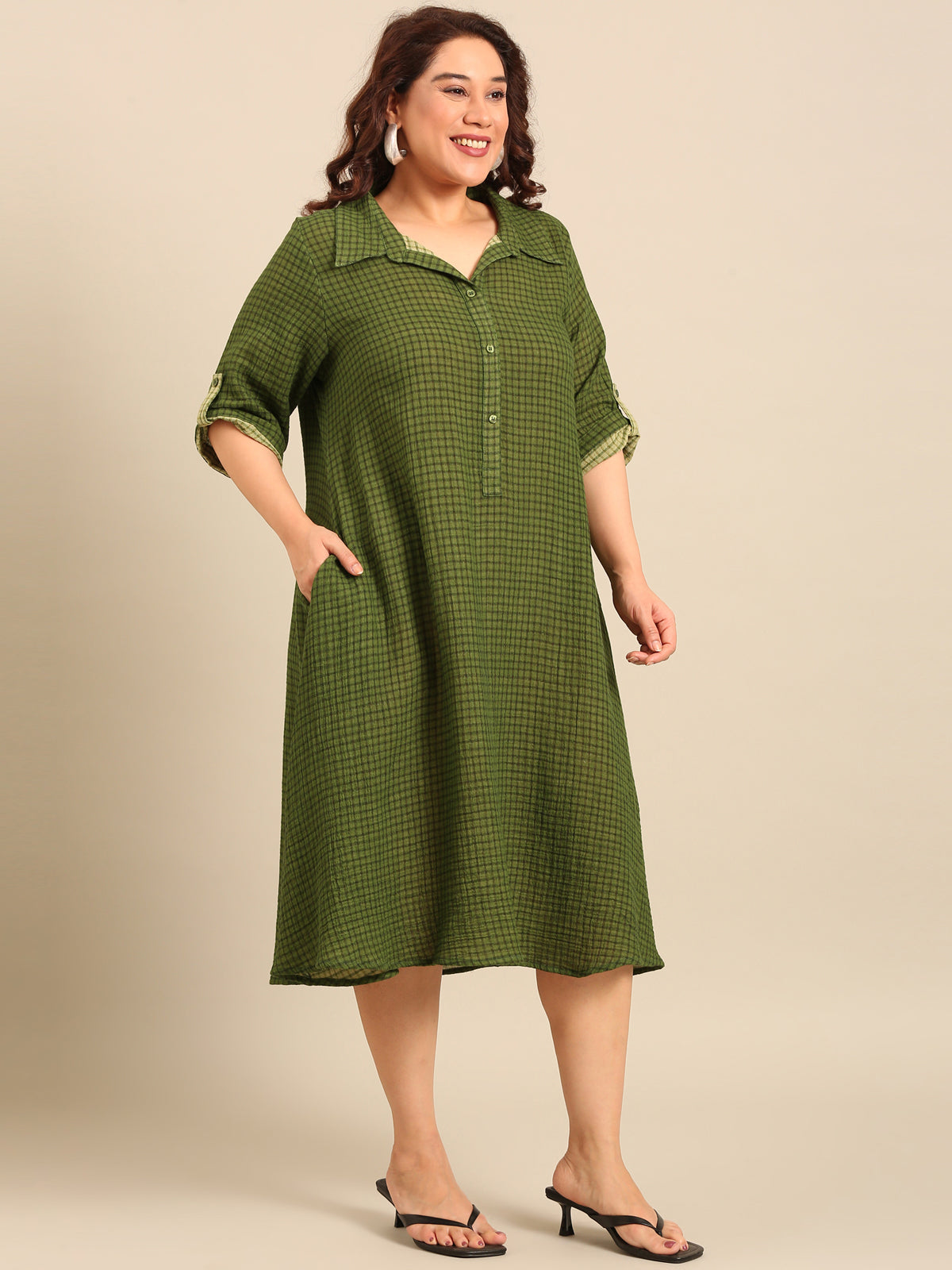 Women Green Check Cotton A-Line Shirt Dress