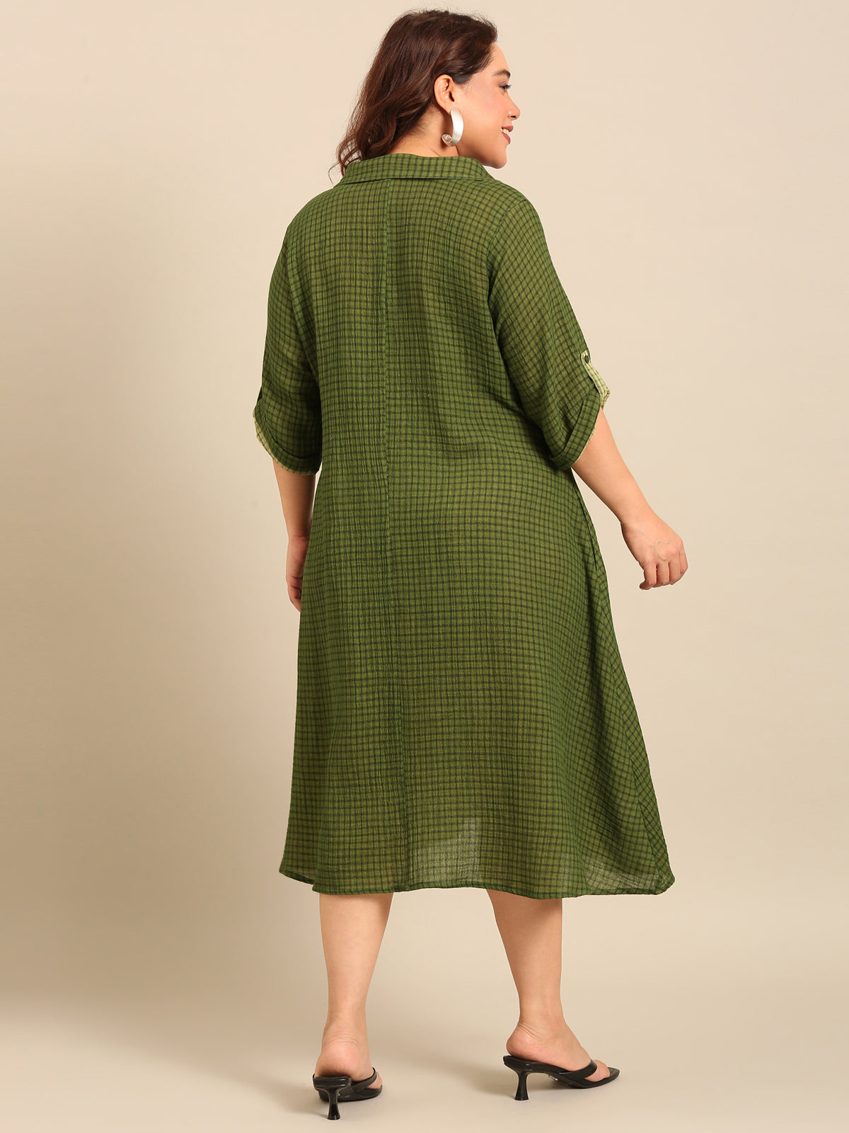 Women Green Check Cotton A-Line Shirt Dress