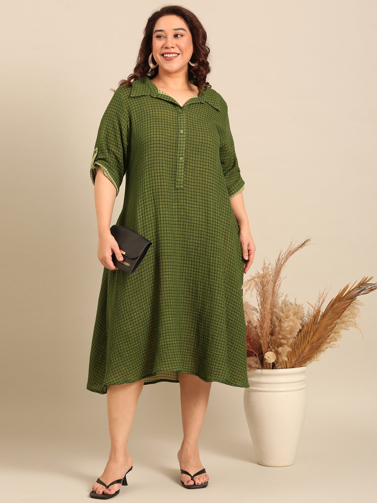 Women Green Check Cotton A-Line Shirt Dress