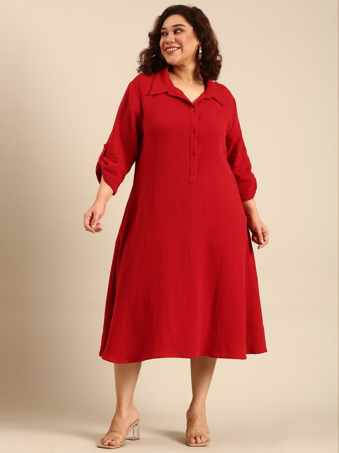 Women Red Cotton A-Line Shirt Dress