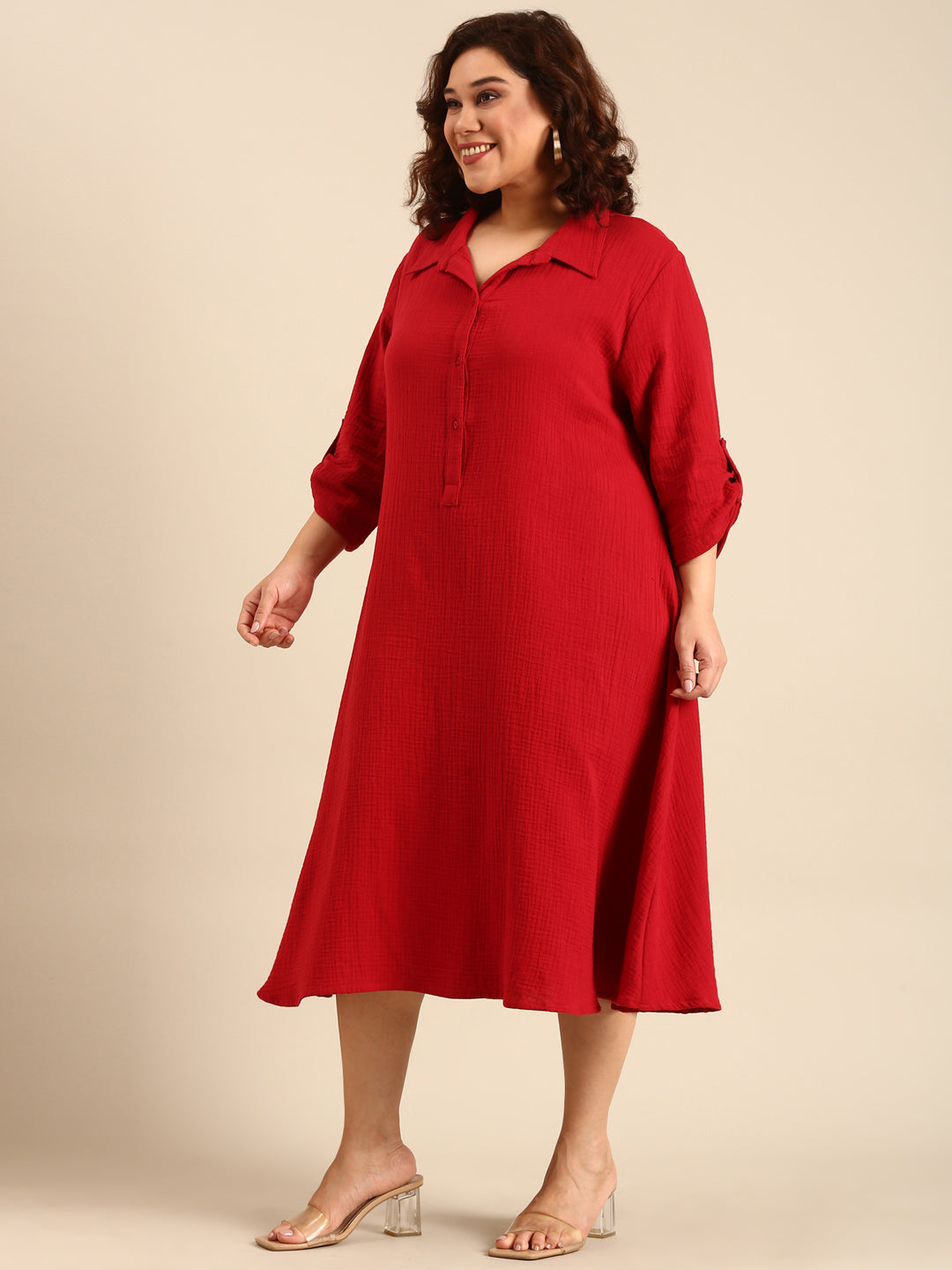 Women Red Cotton A-Line Shirt Dress