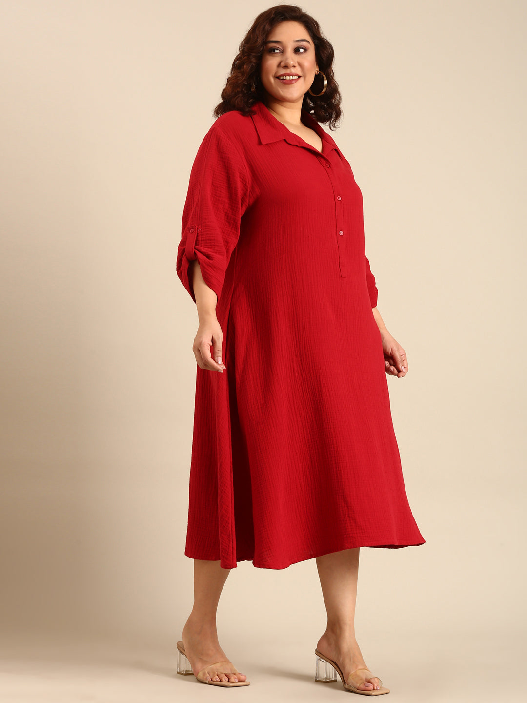 Women Red Cotton A-Line Shirt Dress