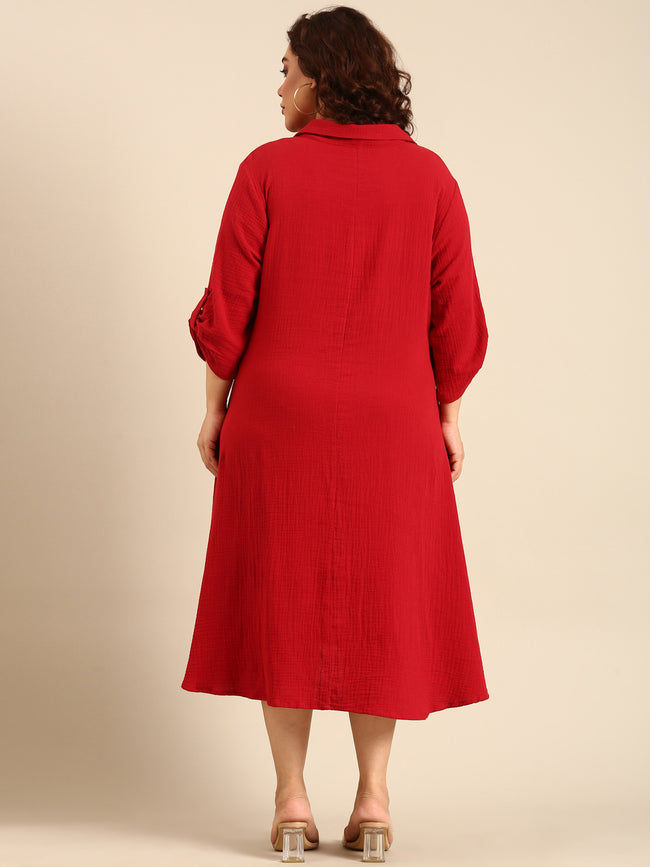Women Red Cotton A-Line Shirt Dress