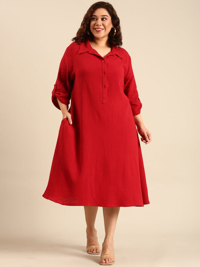Women Red Cotton A-Line Shirt Dress