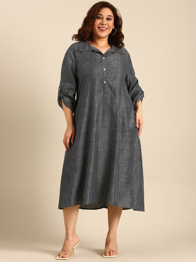 Women Blue Tencel Striped A-Line Shirt Dress