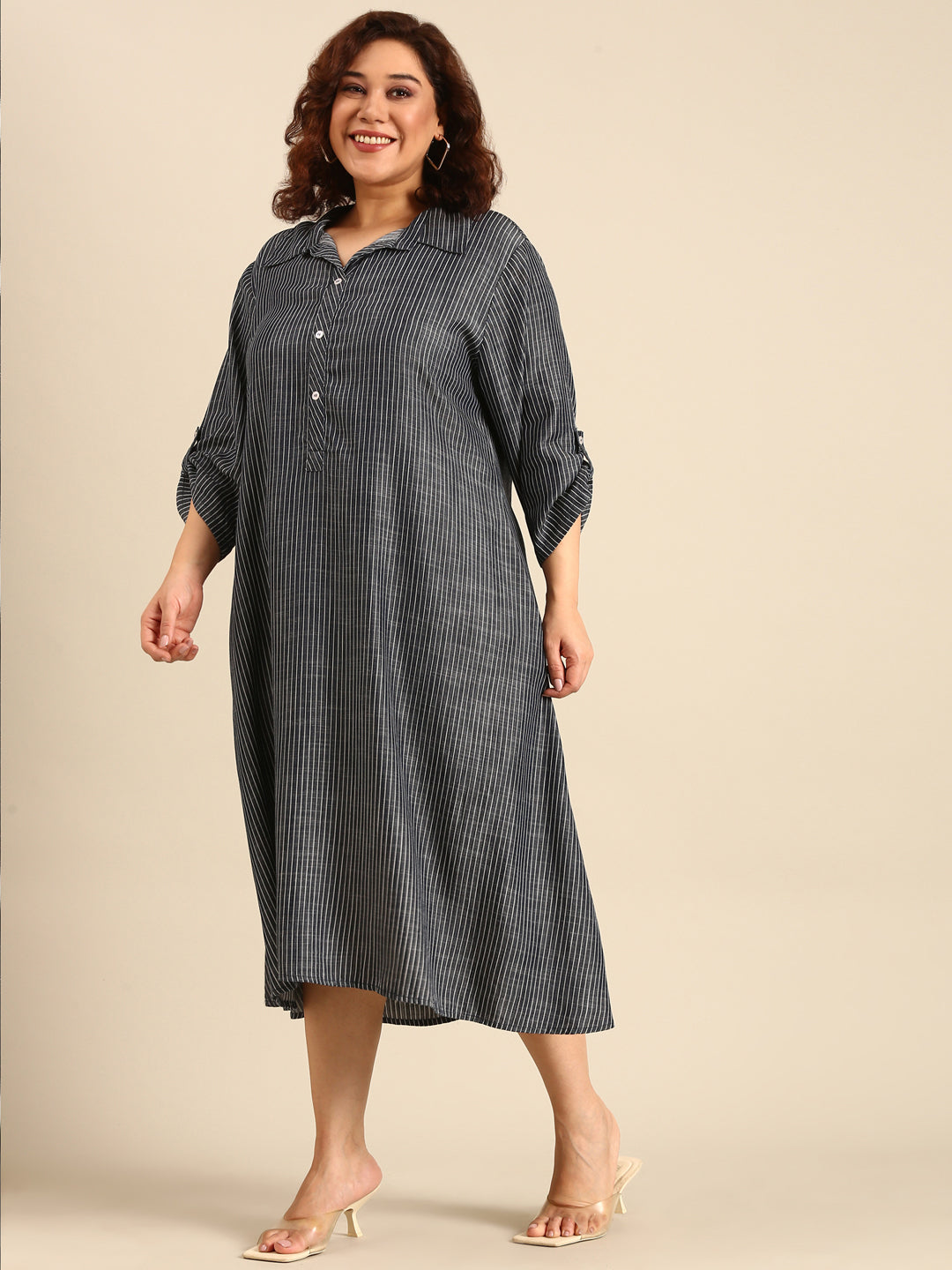 Women Blue Tencel Striped A-Line Shirt Dress