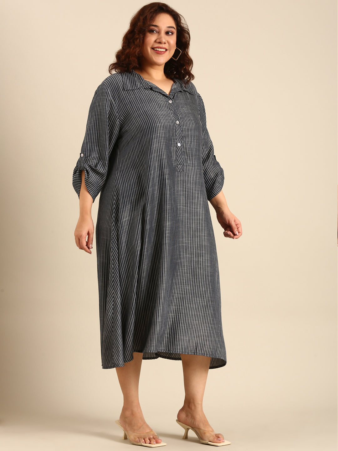 Women Blue Tencel Striped A-Line Shirt Dress