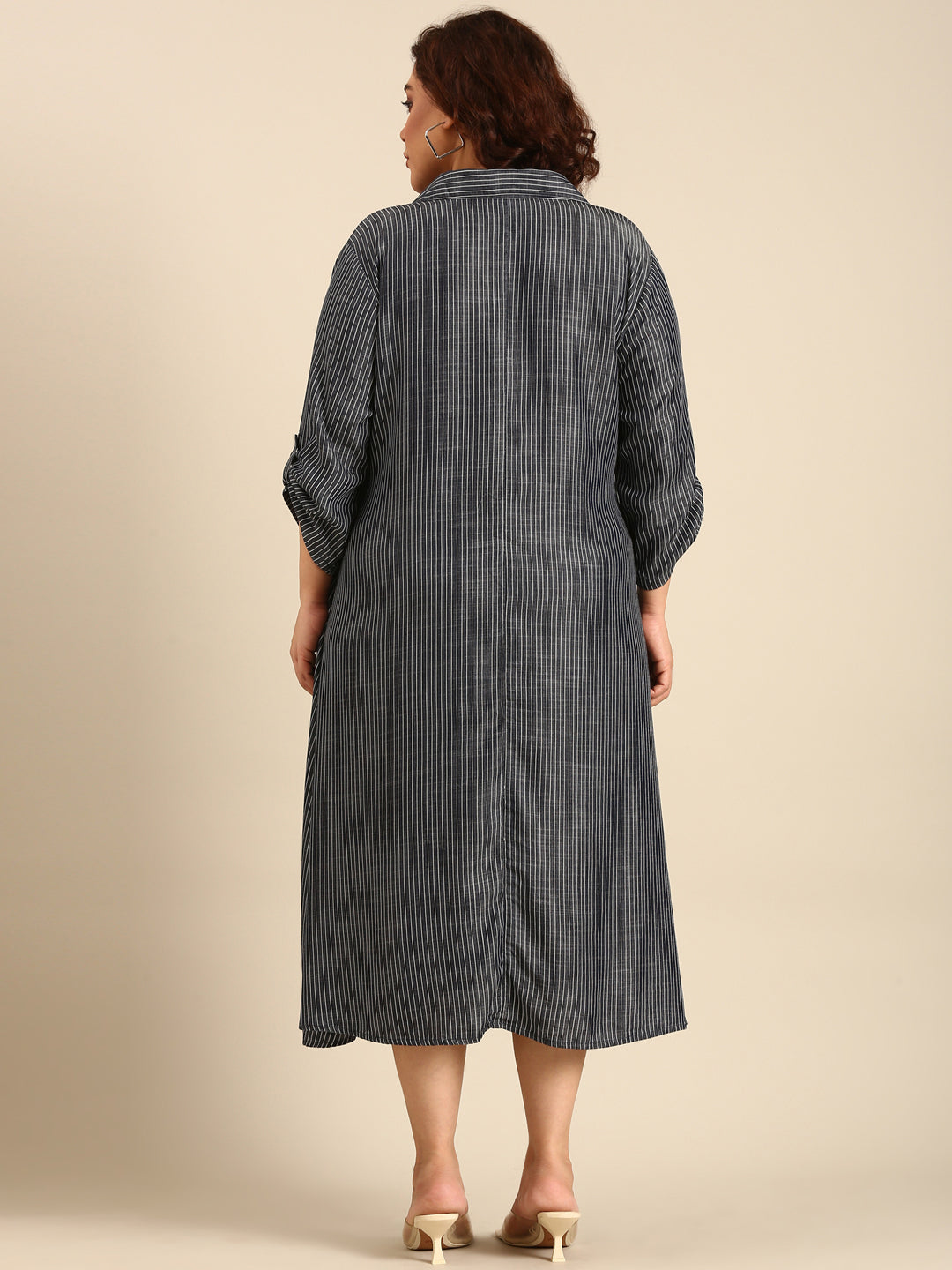 Women Blue Tencel Striped A-Line Shirt Dress