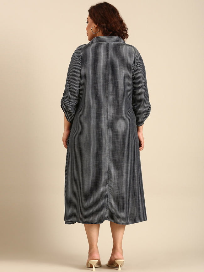 Women Blue Tencel Striped A-Line Shirt Dress