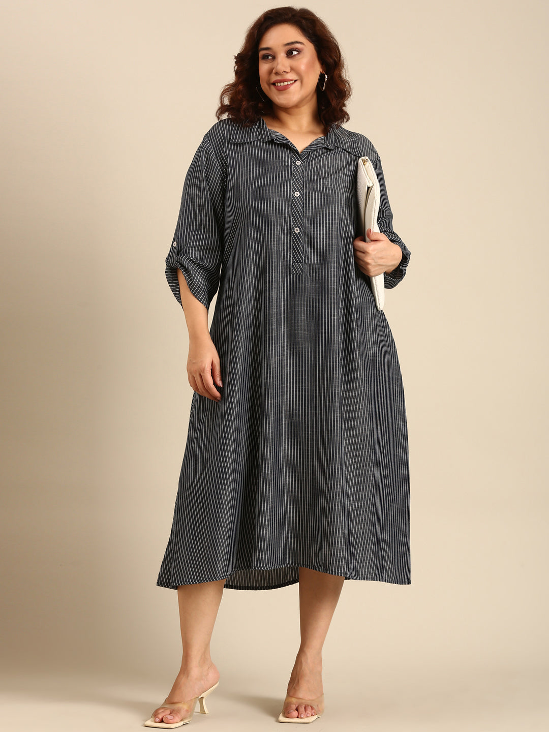 Women Blue Tencel Striped A-Line Shirt Dress
