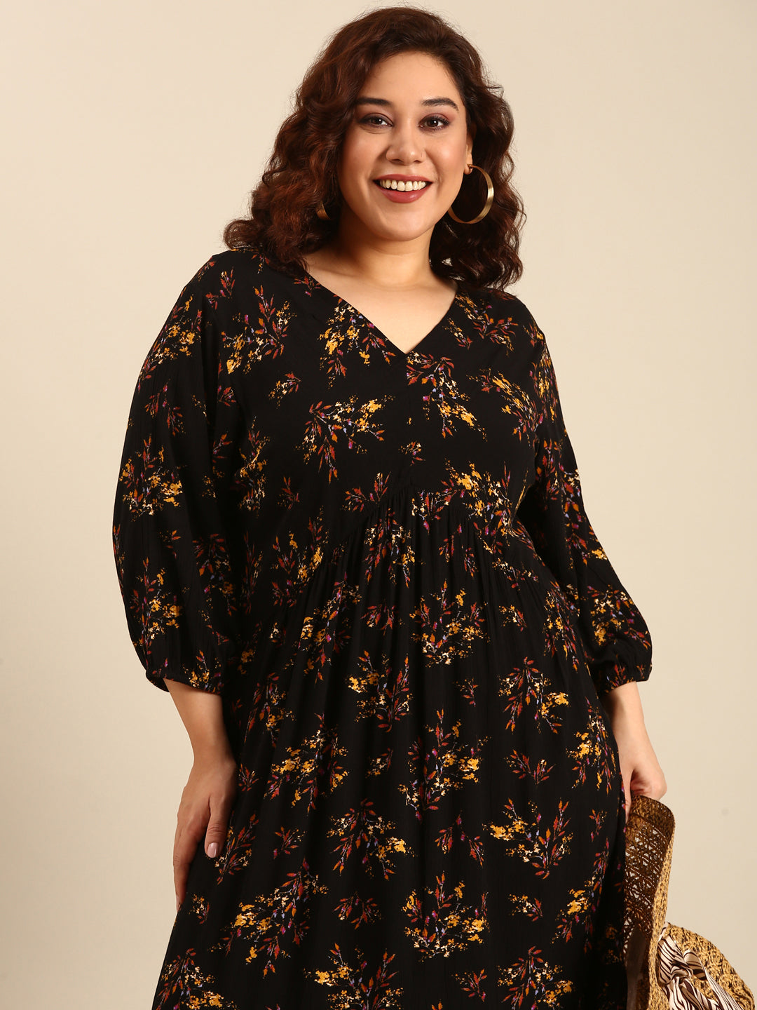 Women Black Leaf Printed Alia-Cut Tiered Dress