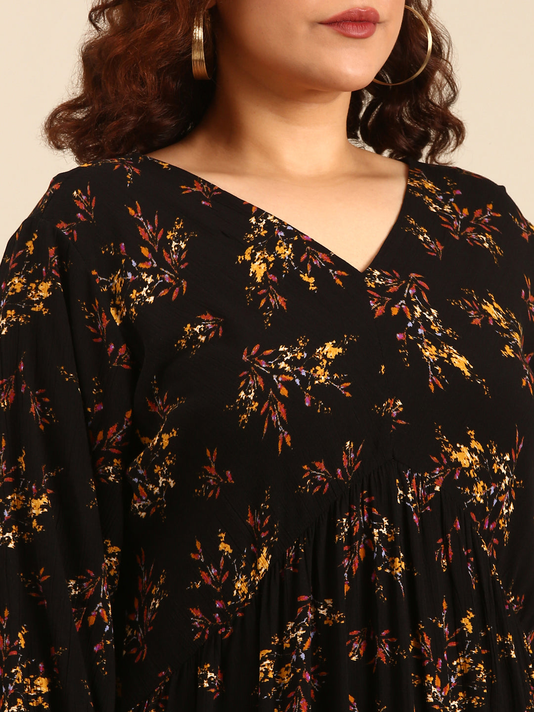 Women Black Leaf Printed Alia-Cut Tiered Dress