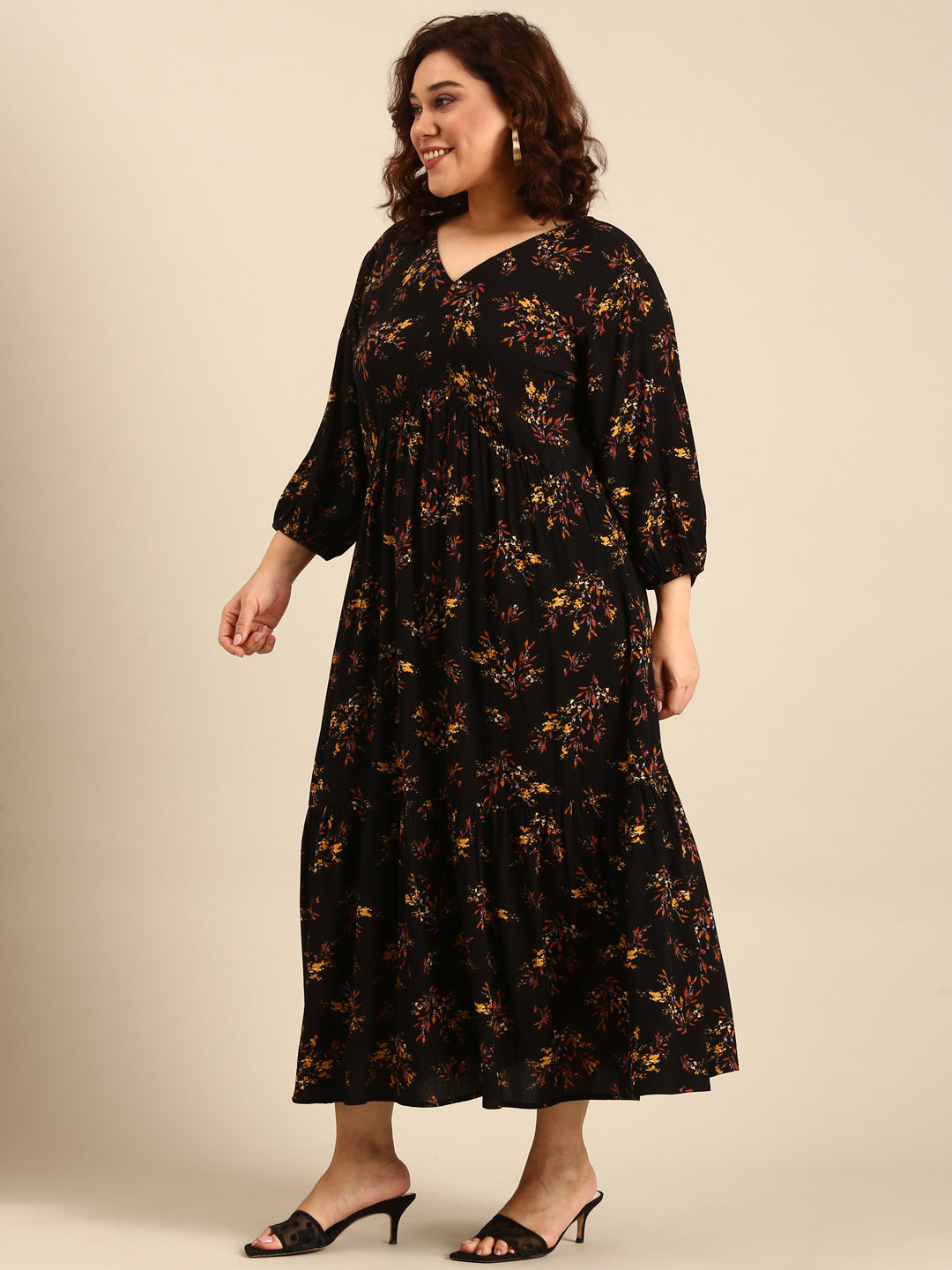 Women Black Leaf Printed Alia-Cut Tiered Dress