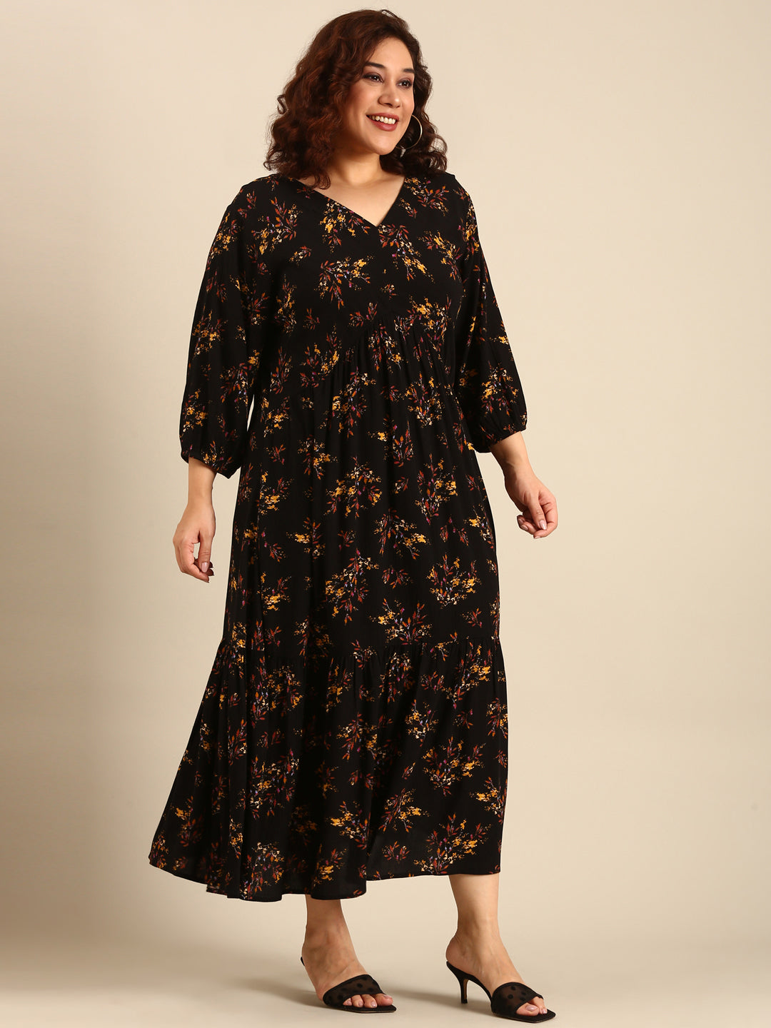 Women Black Leaf Printed Alia-Cut Tiered Dress