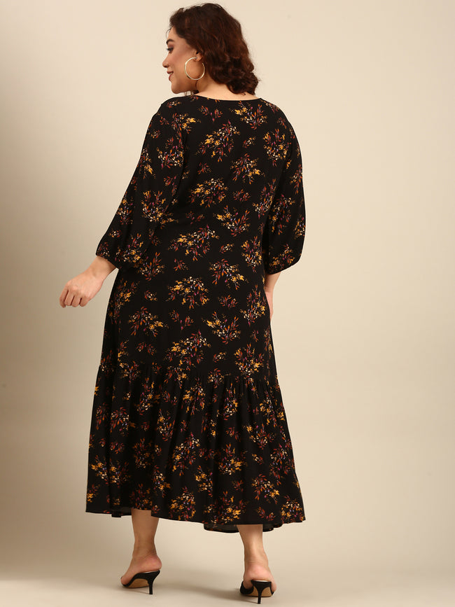 Women Black Leaf Printed Alia-Cut Tiered Dress