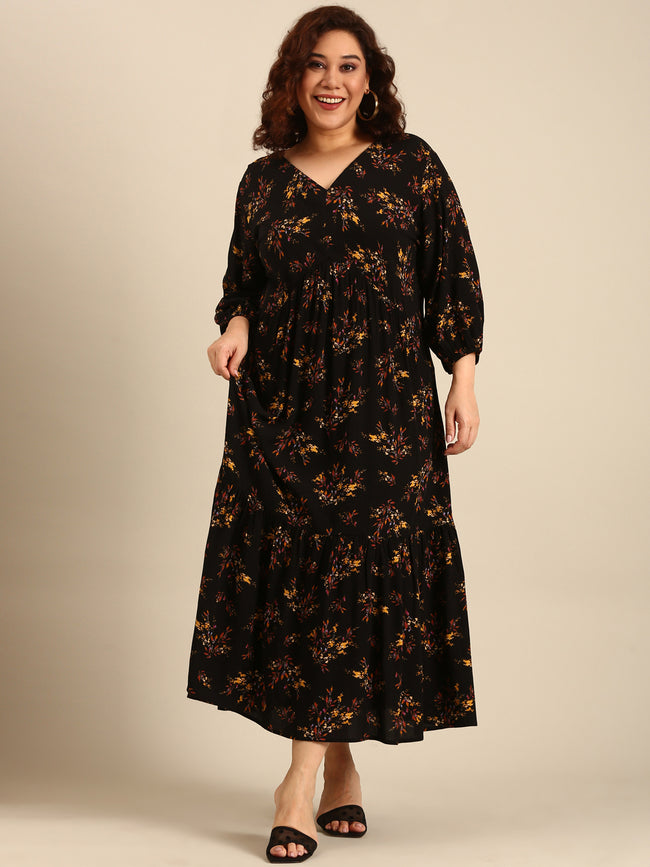 Women Black Leaf Printed Alia-Cut Tiered Dress