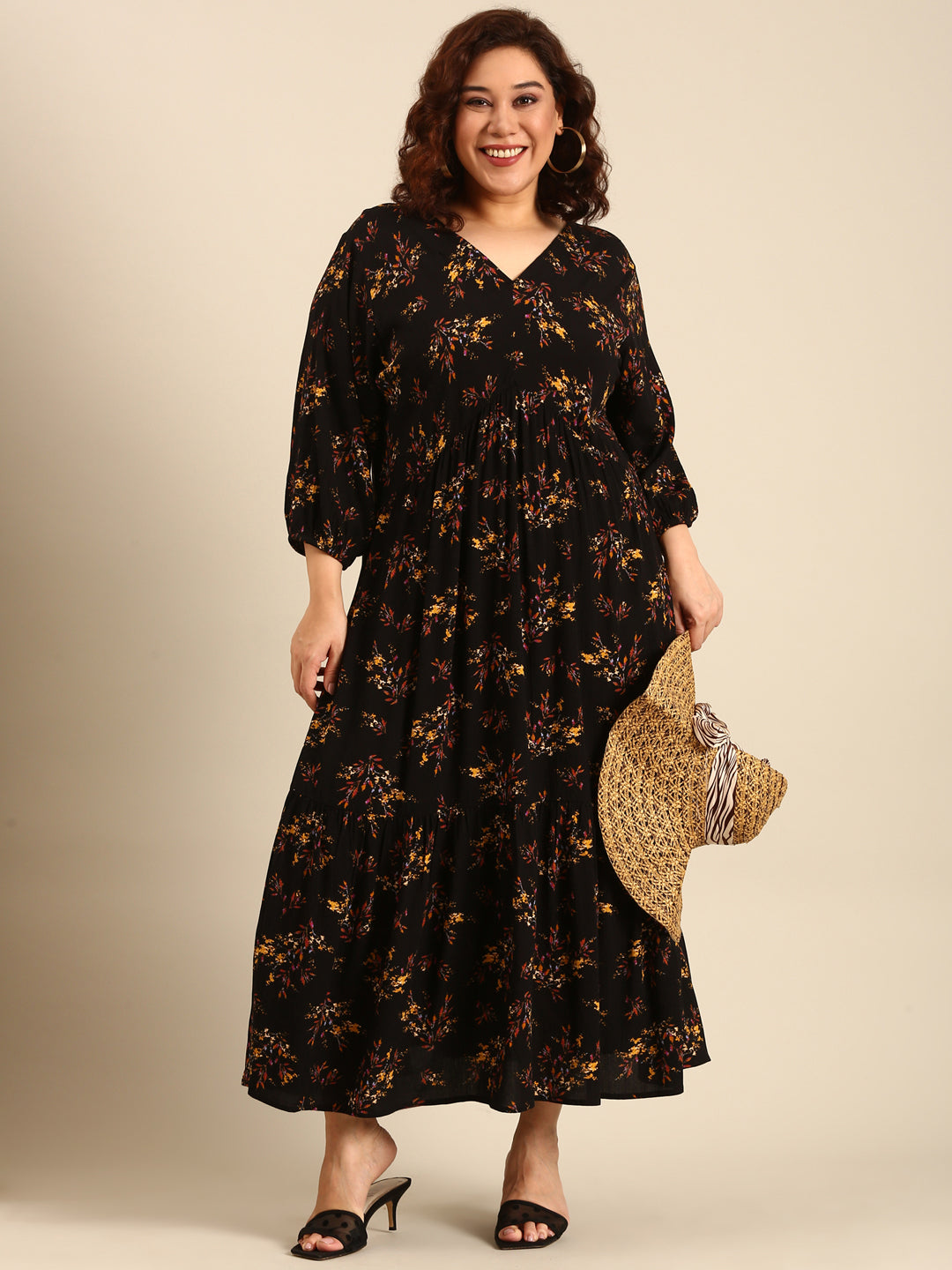 Women Black Leaf Printed Alia-Cut Tiered Dress